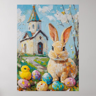 Poster Joyeuse Pâques mignonne Bunny Chick Peinture Eglis
