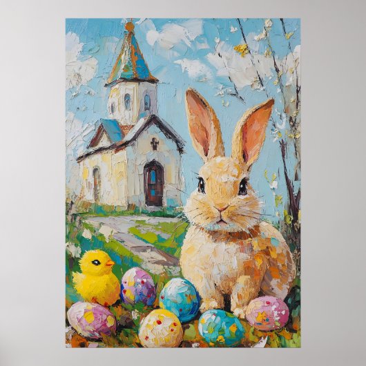 Poster Joyeuse Pâques mignonne Bunny Chick Peinture Eglis (Devant)