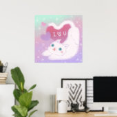 Poster Joyeuse Saint-Valentin avec chat blanc duveteux (Bureau à domicile)