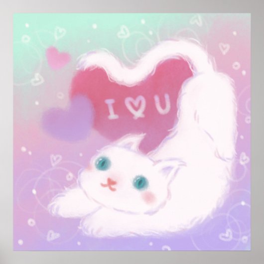 Poster Joyeuse Saint-Valentin avec chat blanc duveteux (Devant)