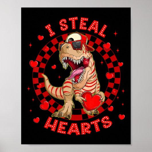 Poster Joyeuse Saint-Valentin Je vole des cœurs Trex Dino (Devant)