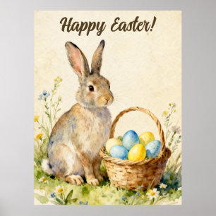 Poster Joyeuses Pâques Lapin Vintage avec Panier d'Oeufs