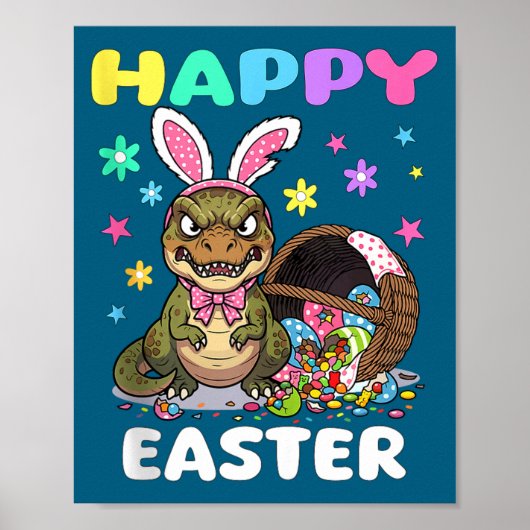 Poster Joyeuses Pâques t rex dinosaure bonbons noeud lapi (Devant)
