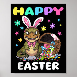 Poster Joyeuses Pâques T Rex dinosaure bonbons nœud lapin