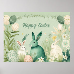 Poster Joyeuses Pâques Trois Lapins dans un Jardin Vert S