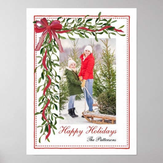 Poster Joyeuses vacances Mistletoe Red Bow Family Photo (Devant)