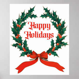 Poster Joyeuses vacances Vintage Holly Noël Wreath
