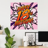 Poster Joyeux 18e ANNIVERSAIRE Amusant Rétro Bande Dessin (Bureau à domicile)