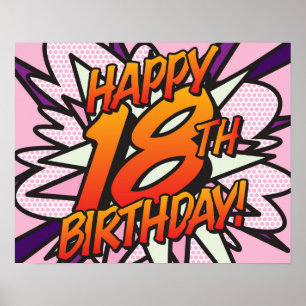 Poster Joyeux 18e ANNIVERSAIRE Bande dessinée Pop Art ros