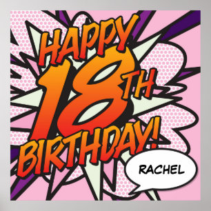 Poster Joyeux 18e anniversaire Bande dessinée Pop Art Ros