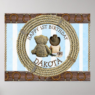 Poster Joyeux 1er anniversaire Cowboy et Teddy Bear Boy's