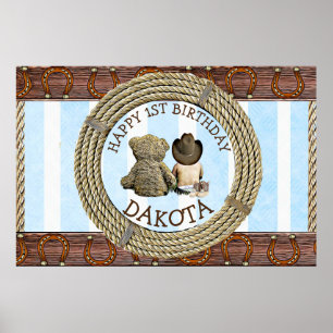 Poster Joyeux 1er anniversaire Cowboy et Teddy Bear Boy's