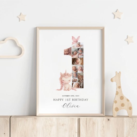 Poster Joyeux 1er anniversaire Unicorn Photo Collage