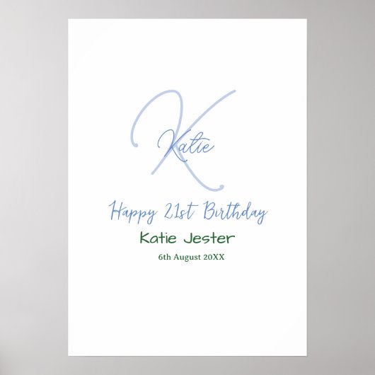 Poster Joyeux 21e anniversaire bleu ajouter un monogramme (Devant)