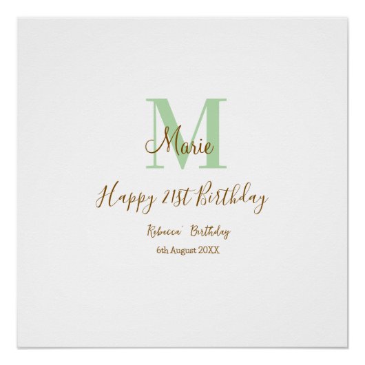 Poster Joyeux 21e Anniversaire vert ajouter nom monogramm (Devant)