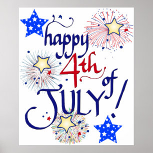 Poster Joyeux 4 juillet ! avec feux d'artifice et étoiles