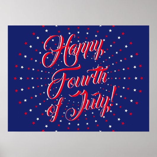 Poster Joyeux 4 Juillet script rouge blanc marine étoiles (Devant)