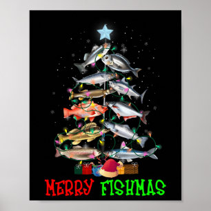 Poster Joyeux A Fishmas Drôle Arbre de Noël Lumières Pois