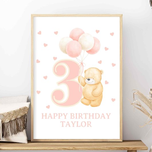 Poster Joyeux Anniversaire 3 ans Fille rose Balloon perso