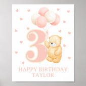 Poster Joyeux Anniversaire 3 ans Fille rose Balloon perso (Devant)