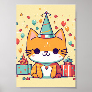 Poster Joyeux anniversaire au chat de fête mignon,