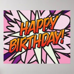 Poster Joyeux Anniversaire Bande Dessinée Pop Art rose