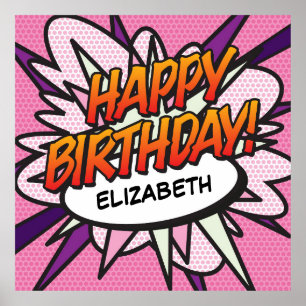 Poster Joyeux Anniversaire Bande Dessinée Pop Art rose