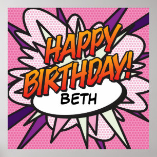 Poster JOYEUX ANNIVERSAIRE Bande dessinée Pop Art rose