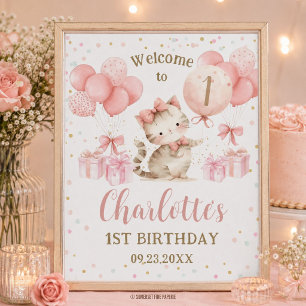 Poster Joyeux Anniversaire Chat Chaton Ballons Roses 1er