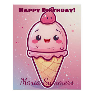Poster Joyeux Anniversaire Cherry Glace Kawaii Dessin Ani