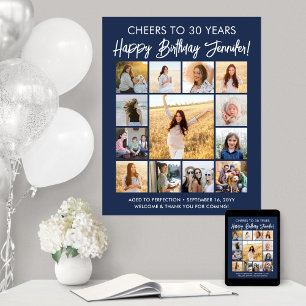 Poster Joyeux Anniversaire Collage de Photos Bleu Nuit et