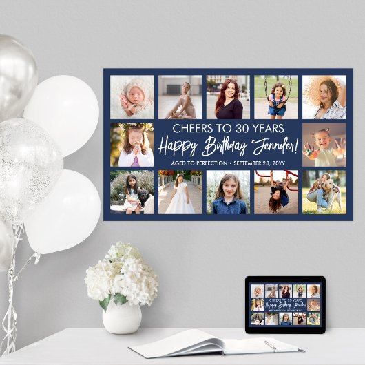 Poster Joyeux Anniversaire Collage Photo Moderne Bleu Nui