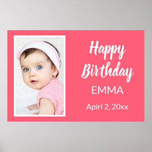 Poster Joyeux Anniversaire Fête Photo Nom Date Rose Chaud