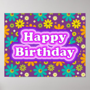 Poster Joyeux Anniversaire Fleurs Hippie