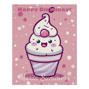 Poster Joyeux Anniversaire Gelato Glace Kawaii Dessin Ani