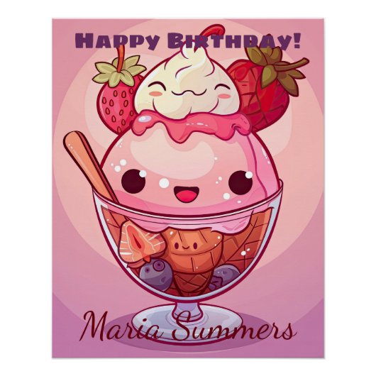 Poster Joyeux Anniversaire Glace à la Fraise Kawaii (Devant)