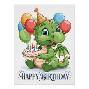 Poster "Joyeux Anniversaire" Joli Dragon Vert de Dessin A