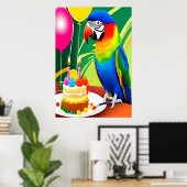Poster Joyeux anniversaire, perroquet, ballon à gâteau |  (Bureau à domicile)