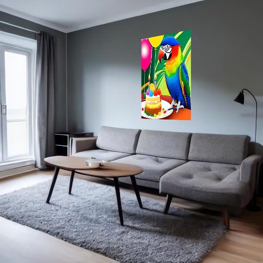 Poster Joyeux anniversaire, perroquet, ballon à gâteau | 