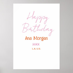 Poster Joyeux Anniversaire Rose Orange Nom Simple Année L
