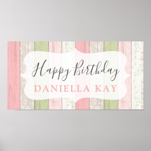 Poster Joyeux Anniversaire Rustique Sage Vert rose Floral