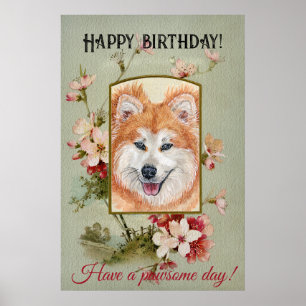 Poster Joyeux anniversaire Salutations Akita inu cheveux