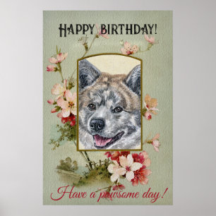 Poster Joyeux anniversaire Salutations Akita inu couleur