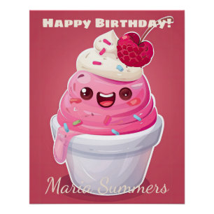 Poster Joyeux Anniversaire Yaourt Glacé Kawaii Dessin Ani