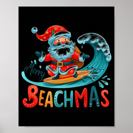 Poster Joyeux Beachmas Santa Surfant Design Rétro (Devant)