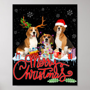 Poster Joyeux Beagle de Noël Chien Père Noël Reindeer Lig