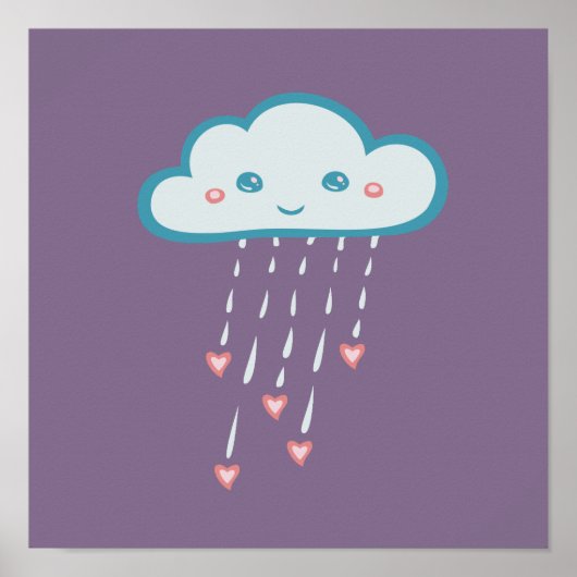 Poster Joyeux Blue Rain Nuage Pluie Coeurs roses (Devant)