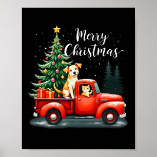 Poster Joyeux Camion Rouge Noël Avec Chien &amp; Chat Noë