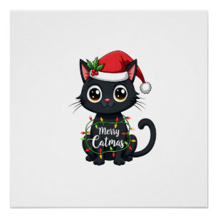 Poster Joyeux Catmas Chat Noir Lumière de Noël Xmas Famil