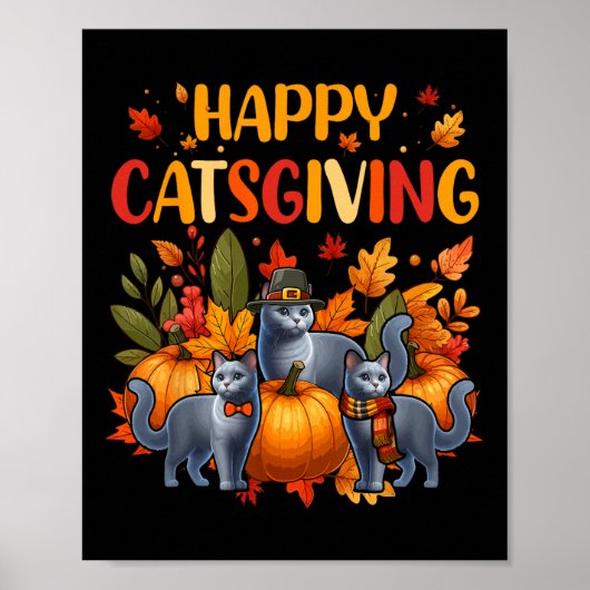 Poster Joyeux chat de Thanksgiving Trois jolis chats bleu (Devant)